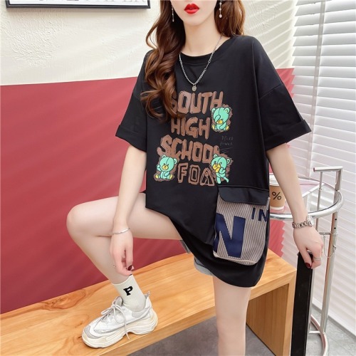 Real shot - Summer Korean loose round neck pocket letter printing medium and long size women's Short Sleeve T-Shirt