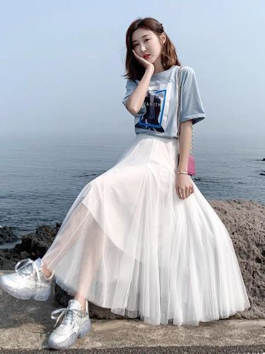 Versatile slim fit, velvet pleated, high waist, a-word, medium and long fairy mesh skirt, gauze halflength skirt, female