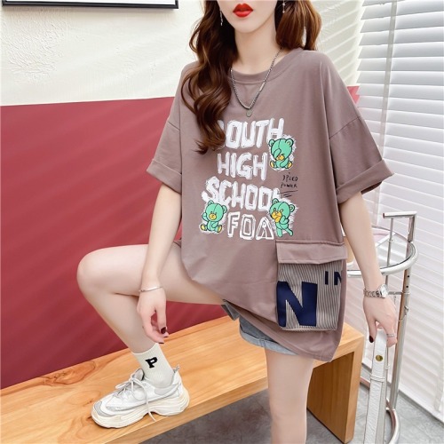 Real shot - Summer Korean loose round neck pocket letter printing medium and long size women's Short Sleeve T-Shirt