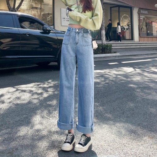 Real shooting of summer jeans women's light color thin material high waist fashion patch bag wide legs thin and versatile straight tube drag
