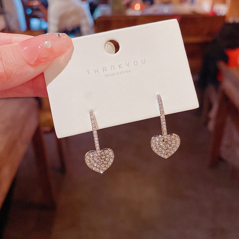Real shot S925 silver needle design feeling full of diamond Love Pendant Earrings net red earrings of the same type