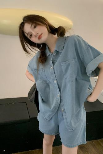 Real shooting and real price in summer, slim, loose and versatile denim shirt + High Waist Shorts for women