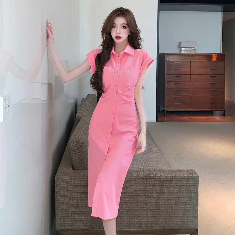 Real shooting of new summer fashion Lapel fold design, slim sleeveless shirt, casual dress, female