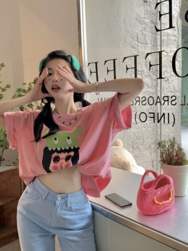 Real cotton  summer new fashion versatile short sleeve printed Korean T-shirt women