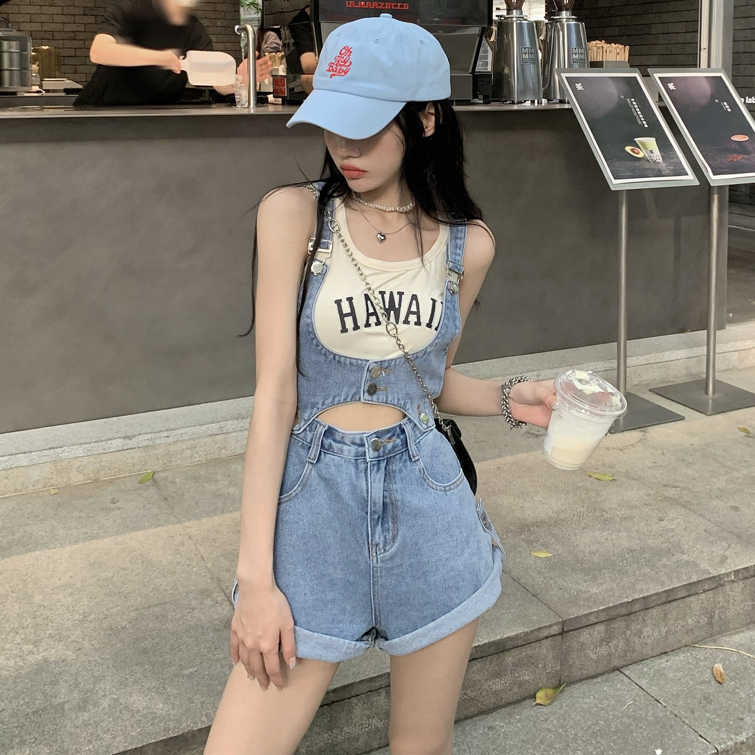 Real Price vintage high waist detachable wide leg crimped denim strap shorts