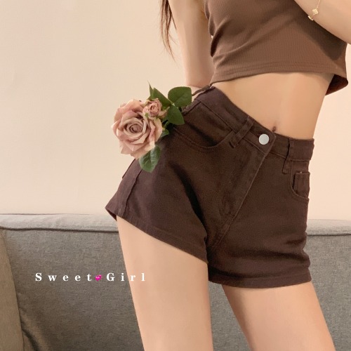 Non real shooting summer sweet and spicy simple denim shorts women's elastic Hip Wrap high waist thin a-word hot pants