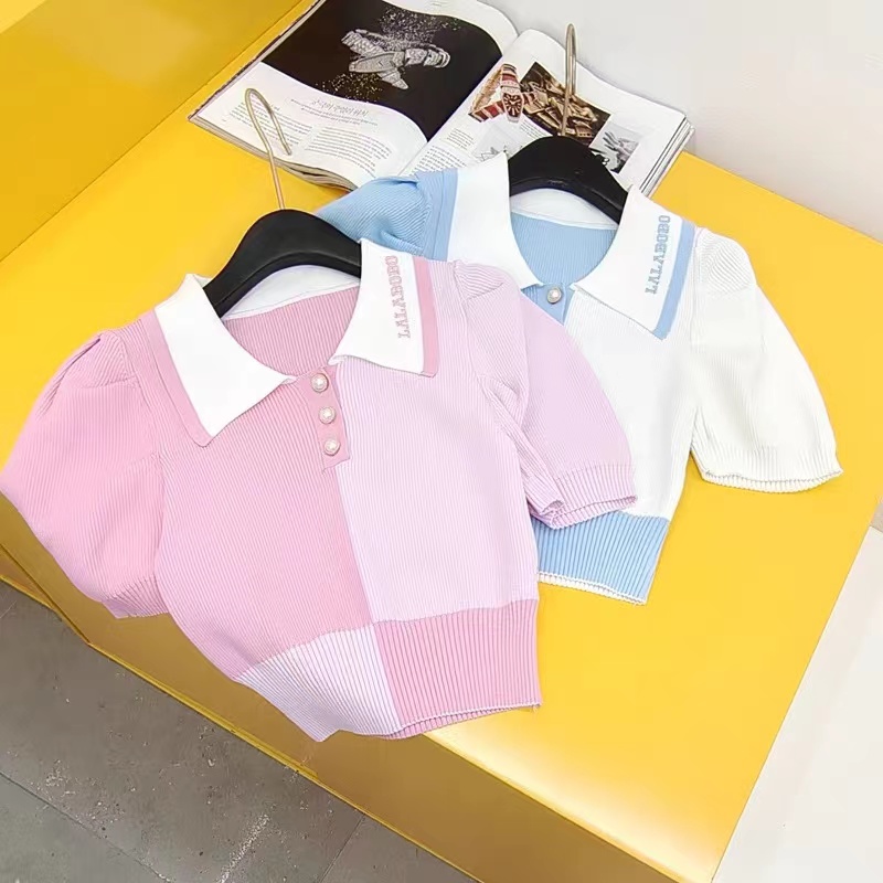 Pink bubble sleeve top women's summer 2022 new summer sweater short sleeve short high waist polo collar embroidered T-shirt