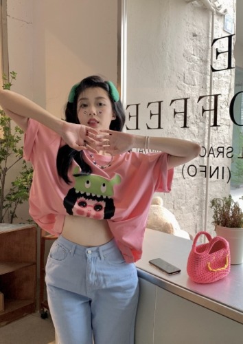 Real cotton  summer new fashion versatile short sleeve printed Korean T-shirt women