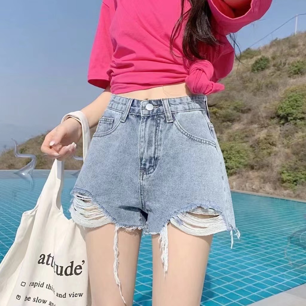 Summer denim shorts, raw edge hot girls' hot pants, thin and worn female shorts