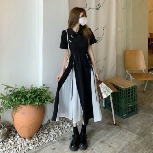 2022 summer new French aging improved cheongsam chic medium length black dress