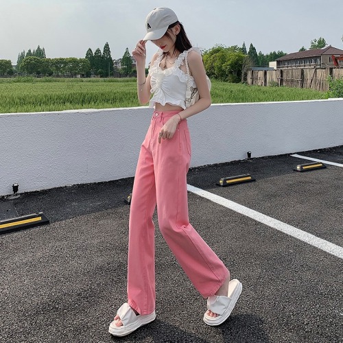 Real shot jeans hot girl pink design loose student straight skinny jeans American style niche high waist