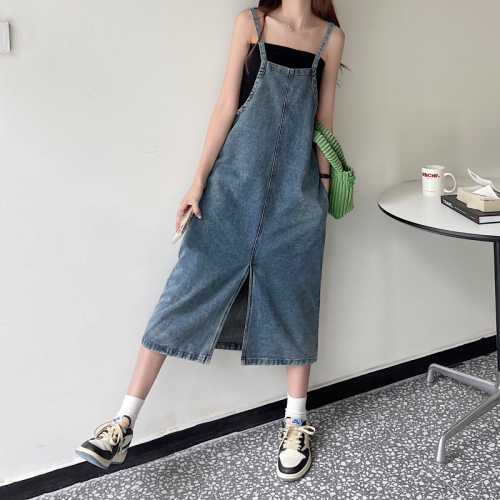 Real price 2022 summer new Korean version slim women's Denim strap skirt split dress long skirt