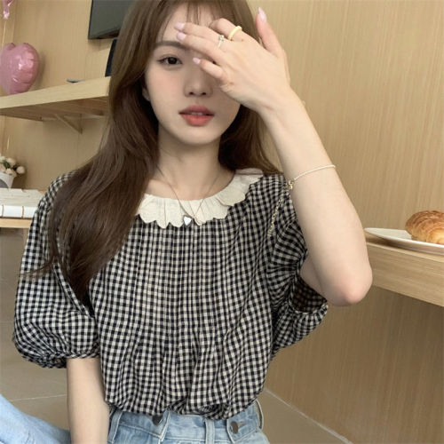 Bubble Sleeve Plaid Shirt women's summer  new French Pullover loose outer short sleeve top