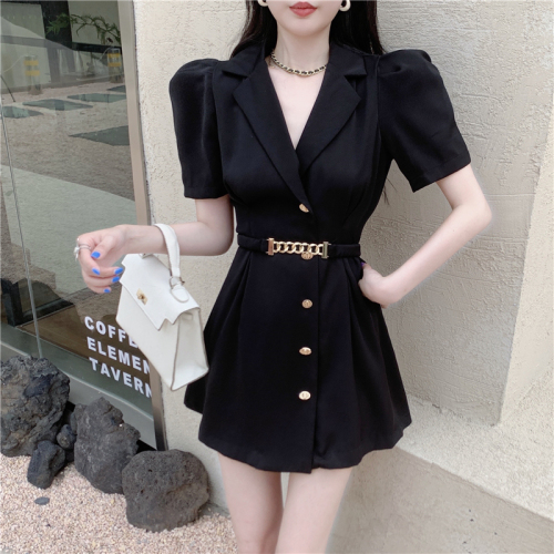 Real price fashion design bubble sleeve suit skirt lace up waist showing thin goddess temperament dress