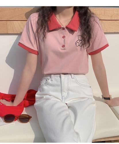 College casual bear pattern contrast polo collar short sleeve minority t-shirt female age reduction