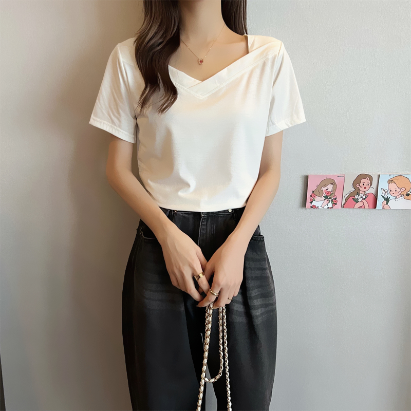 Cotton 2022 summer new style square neck short sleeve T-shirt women's summer slim and versatile top