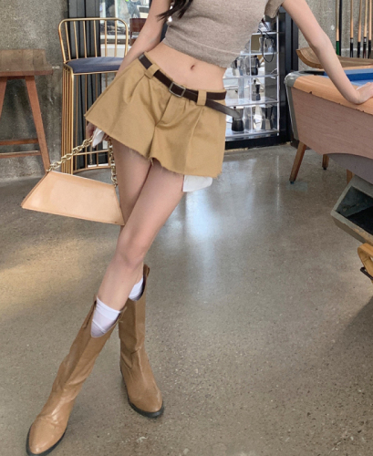 Real shooting of  summer new design, niche low waist pleated skirt, thin, sweet and cool half length skirt, pants, women's belt