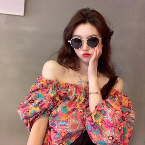 2022 spring and summer new off the shoulder sunflower shirt with one line collar fried Street loose cool and cute college snow