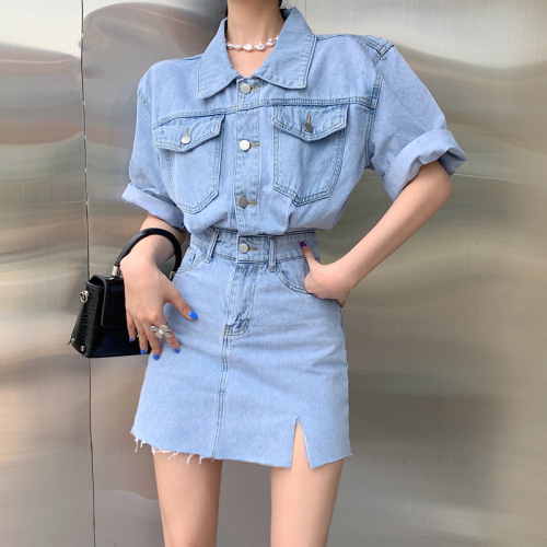 Real time fashion new style Lapel short sleeve single breasted buttock denim dress