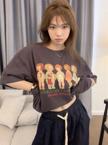 Kumikumi American cartoon printed short sleeve T-shirt women's loose and versatile casual top summer slim bottomed shirt