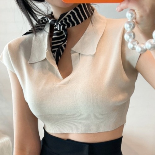 Korean chic summer simple Lapel slim casual casual versatile short belly button leakage T-shirt women