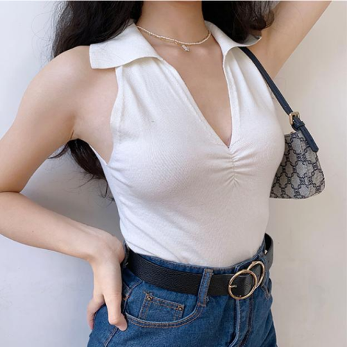 Vintage sexy Lapel V-neck fold solid color knitted sleeveless vest women's summer versatile slim short suspender top