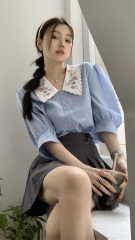 Real shot real price Korean version loose and thin embroidered doll neck bubble sleeve shirt versatile student temperament top