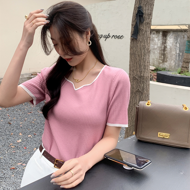 2022 summer new fashion short sleeved sweater women's simple design sense of minority chic thin top