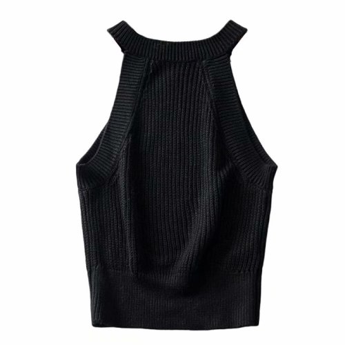 European and American Vintage knitted neck hanging sling tight shoulder cut vest, wearing women's summer high waist exposed navel net red open shoulder top