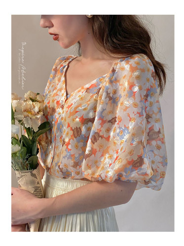 Jacquard Chiffon bright silk Bubble Sleeve Chiffon shirt