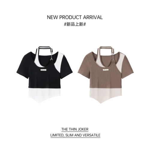 Irregular fake two pure desire top ~  summer new spice girl pure desire style short sleeve T-shirt women's top