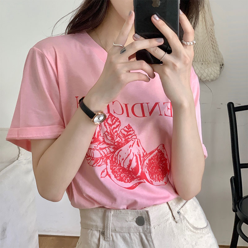 Real shooting fig print T-shirt women's summer design sense of minority short sleeve versatile loose casual top