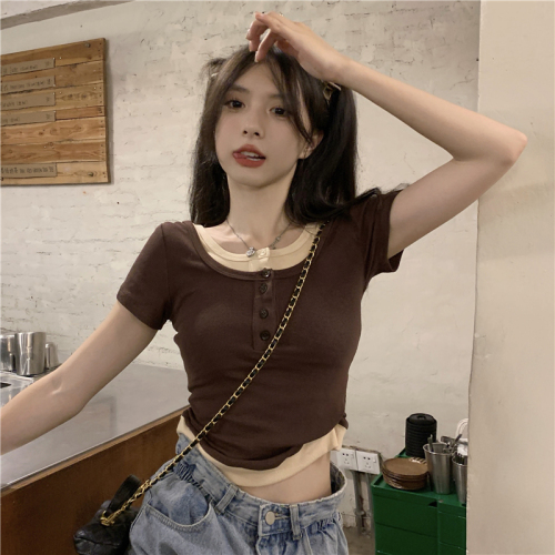 Real price! Chic contrast color fake two short sleeved pit strip t-shirt female slim knit top fashion