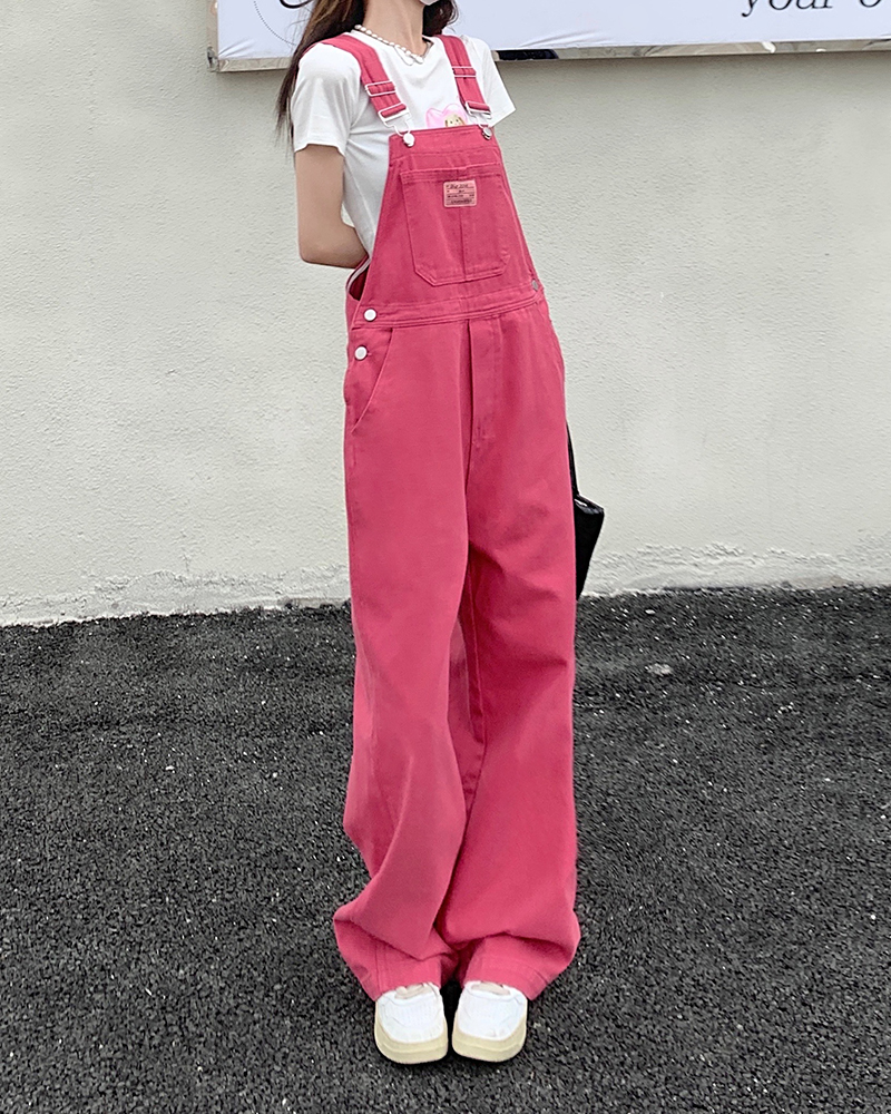 Real shooting and real price 2022 summer new tree rose powder cowboy suspenders women's age reducing loose wide leg pants