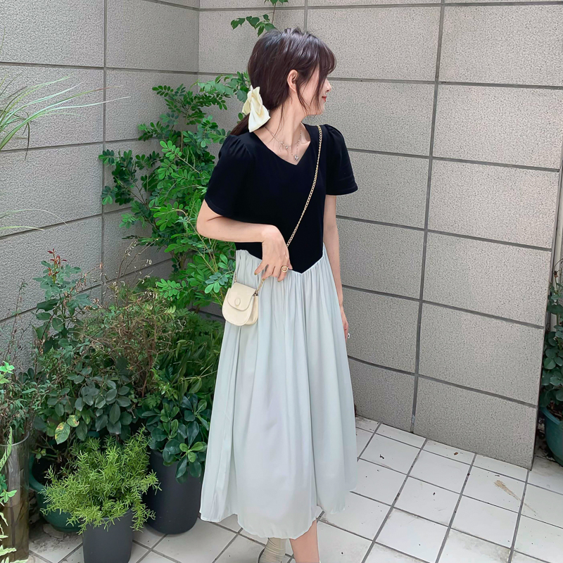 Real price retro stitching niche design French gentle waist closing Short Sleeve Dress