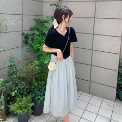 Real price retro stitching niche design French gentle waist closing Short Sleeve Dress