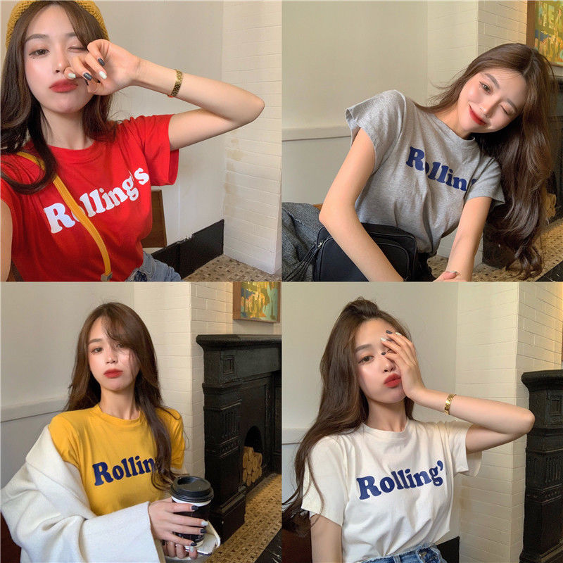 Chic Korean fashion short sleeve T-shirt women's early spring 2021 new simple letter printing loose and versatile top