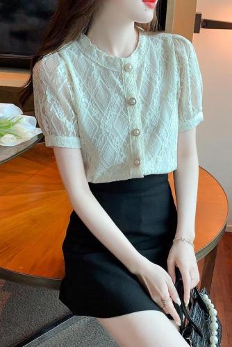 Summer 2022 new round neck bubble sleeve lace shirt women's design sense minority French aging Western style top