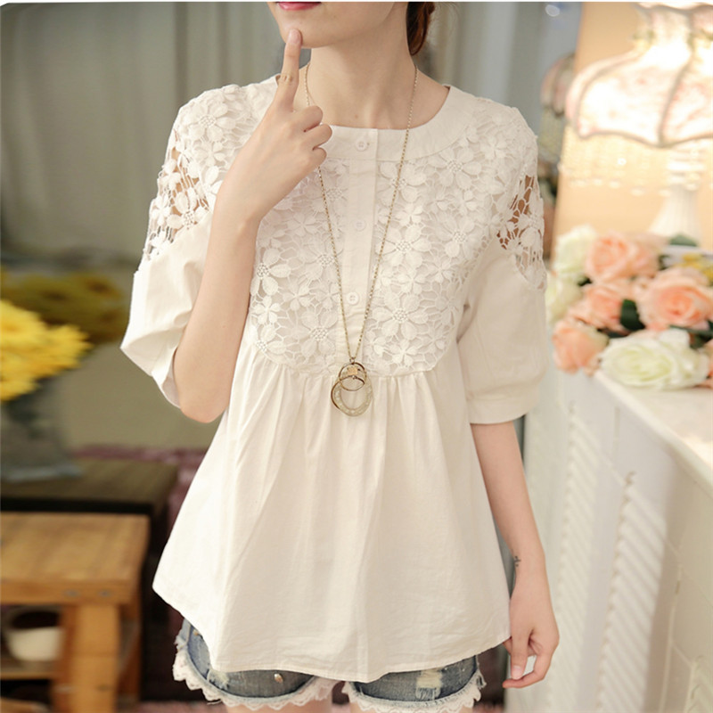 Spring and summer new women's short sleeved white sweet little fresh lace women's slim doll shirt top