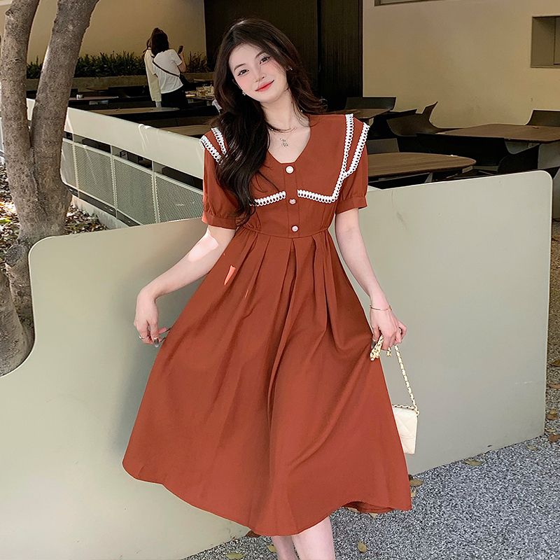 Real price summer short sleeve French Vintage Lapel lace Hepburn style waist slim dress women