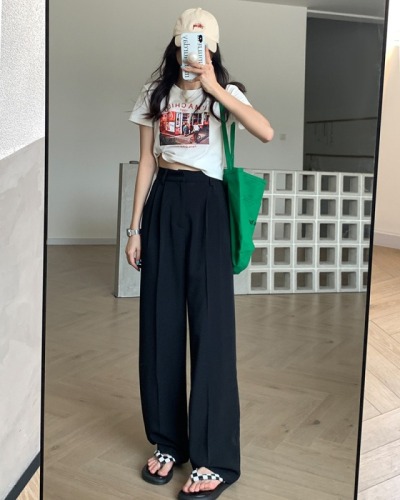 Official picture - summer new Korean version ice wire Velcro suit pants women's high waist straight tube floor dragging pants women