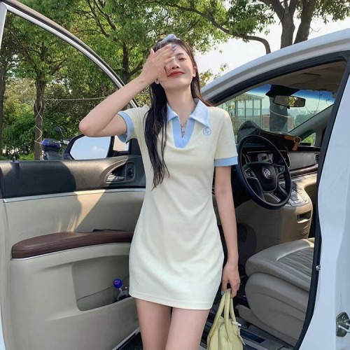 Age reducing sweet milk fufu waist closing thin color matching polo dress women  summer new Hip Wrap short skirt women