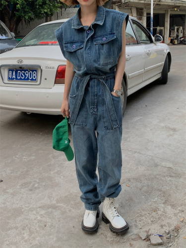 Real price ~ retro work clothes Jumpsuit women's summer new high waist straight pants sleeveless cowboy Jumpsuit pants
