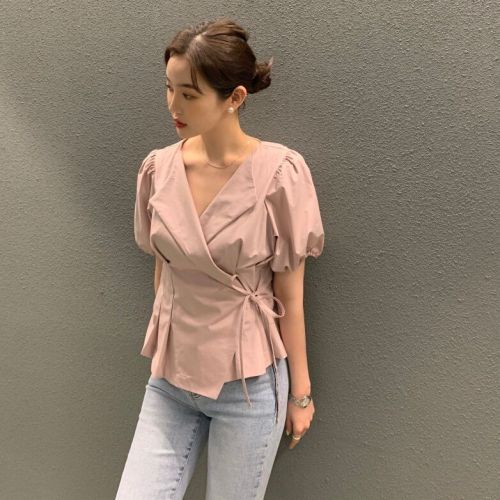 Korean chic summer new design V-neck lace up waist closed bubble sleeve shirt