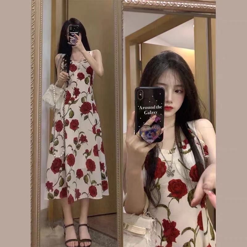 Super Fairy Holiday Retro Red Rose Floral Skirt suspender skirt summer dress women's long skirt French long skirt