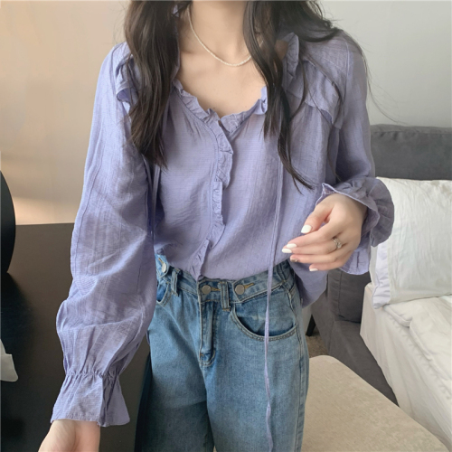 Real price! Purple V-neck fungus lace lace up shirt women's pleated texture design shirt