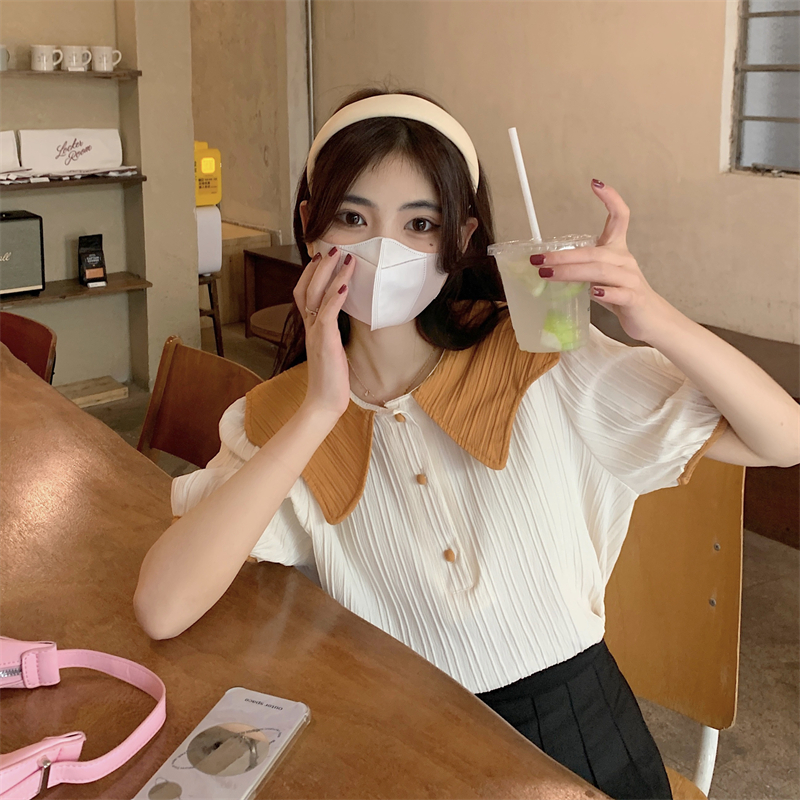 R856# official figure real price Shirt Top Women's summer sweet design sense minority doll collar short sleeved shirt