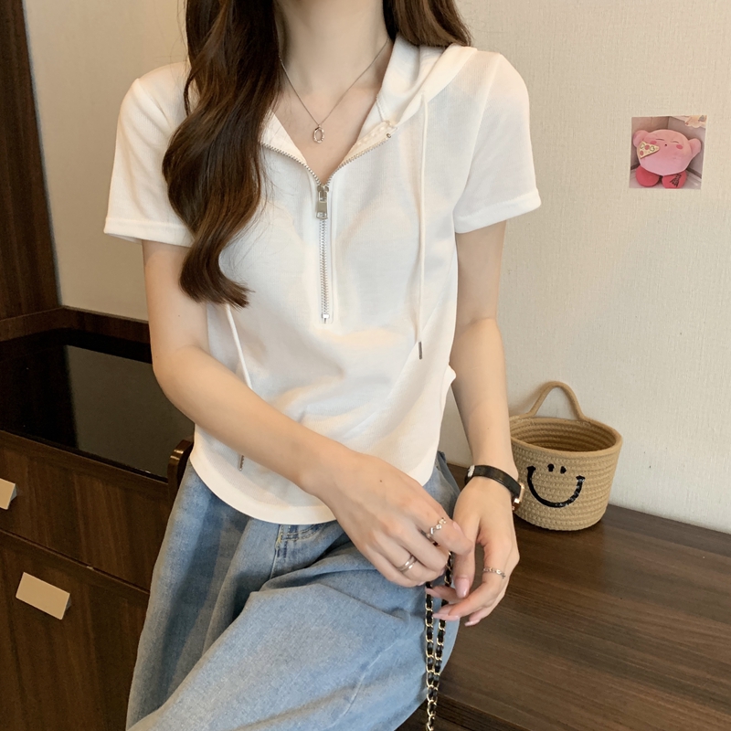 Real price rice tweed in summer irregular zipper hooded short sleeve T-shirt women's versatile slim top women