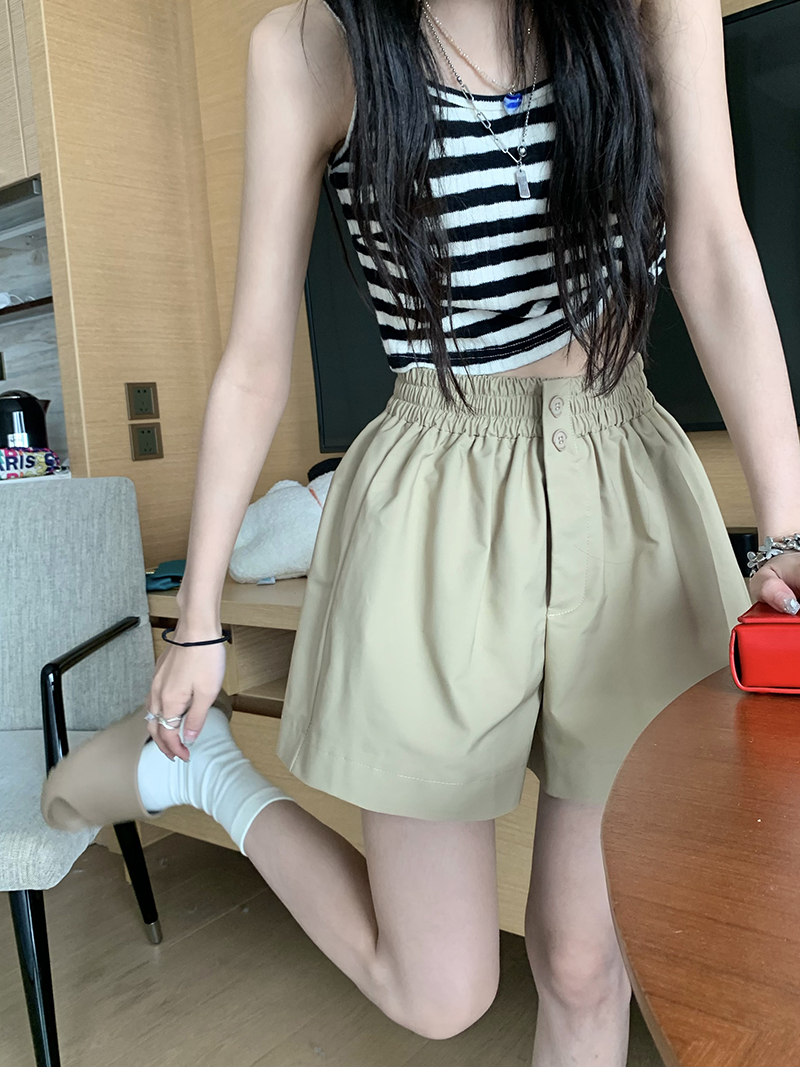 Real shooting real price versatile elastic waist slim casual shorts high waist double breasted wide leg pocket pants