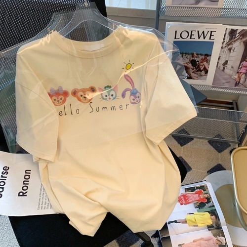 Guantu cotton 2022 new fashion leisure cartoon loose Korean ins short sleeve T-shirt women